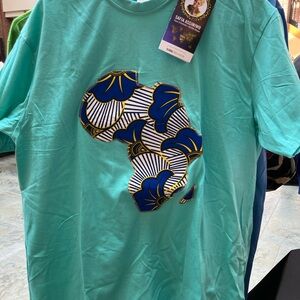 Teal T-Shirt with Blue and White Africa Design Ghana Made